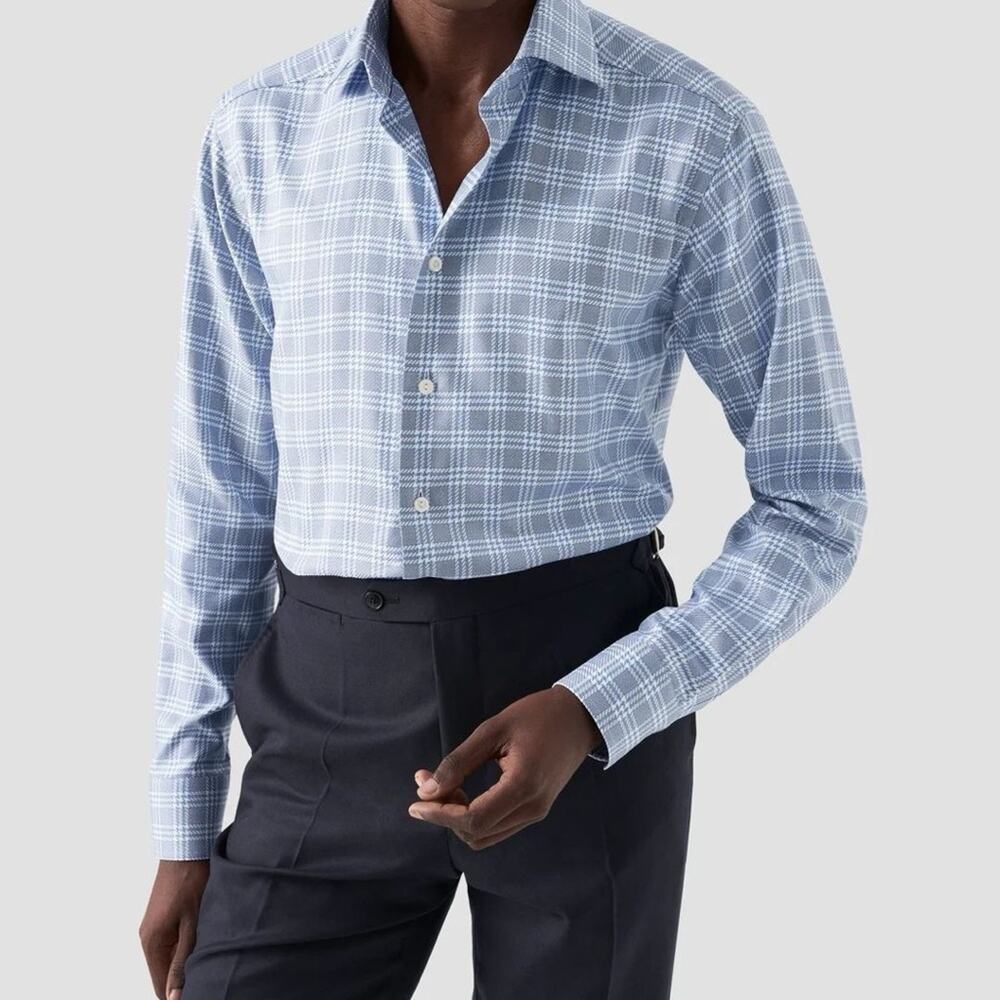 NEW Eton Check King Twill Light Blue Plaid Dress Shirt 16R Slim Fit